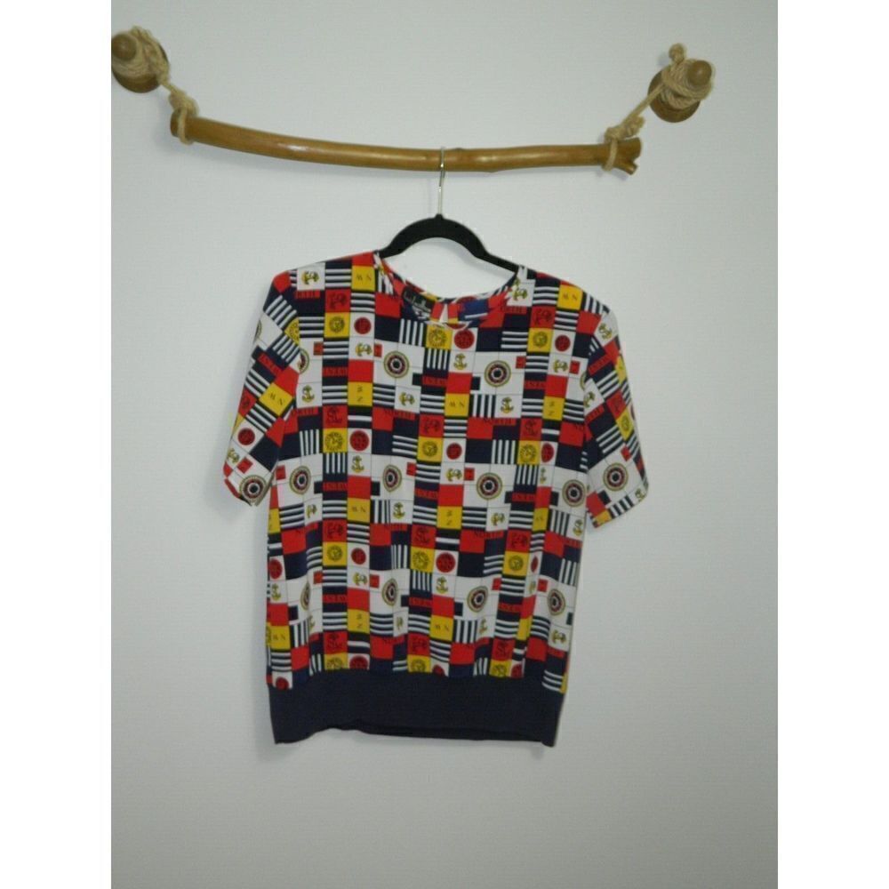 David Matthew Shirt Women's Blue Red  Nautical‎ Vintage Elastic Hem Size
